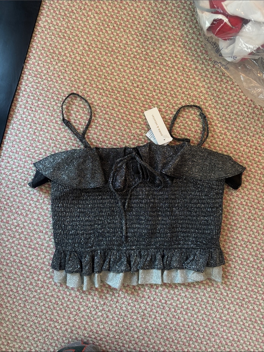 Pookie and Sebastion Sparkle Ruffle Off-Shoulder Crop Top - Black